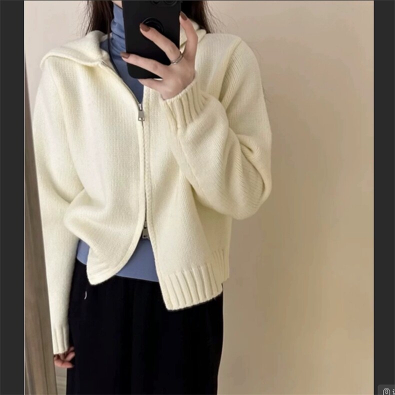 2025年秋季新款纯色双拉链针织开衫外套加厚时尚休闲通勤百搭，女装针织衫/毛衣，恩泰羊绒