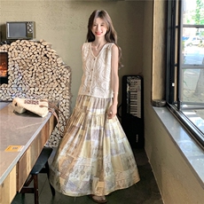 复古印花半身裙背心两件套女2025年夏季新款波西米亚度假风套装裙，女装套装/套裙，2C135