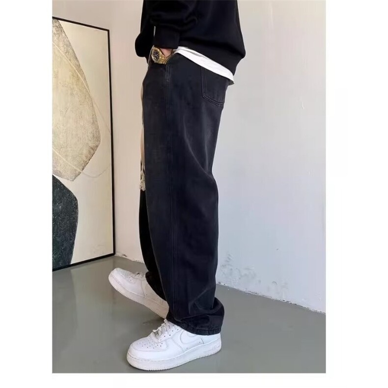 加大码美式休闲直筒牛仔裤男装秋冬季宽松百搭抽绳阔腿长裤,男装牛仔裤,星座1210-1