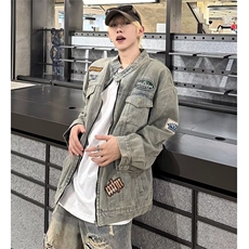 设计感水洗刺绣牛仔外套男春秋高街工装立领机车夹克W055-P75，男装工装外套，星座1001-1