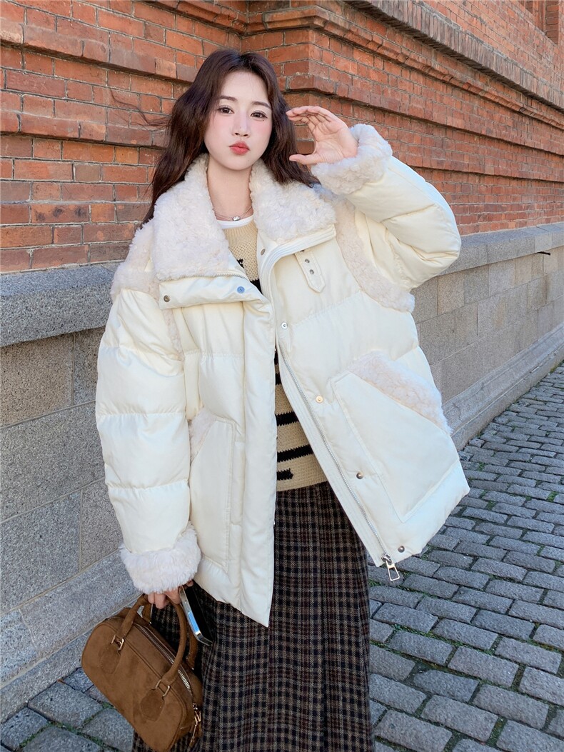 白色羊羔毛拼接羽绒服女2025冬季新款中长款加厚保暖外套小个子,女装羽绒服,2C259
