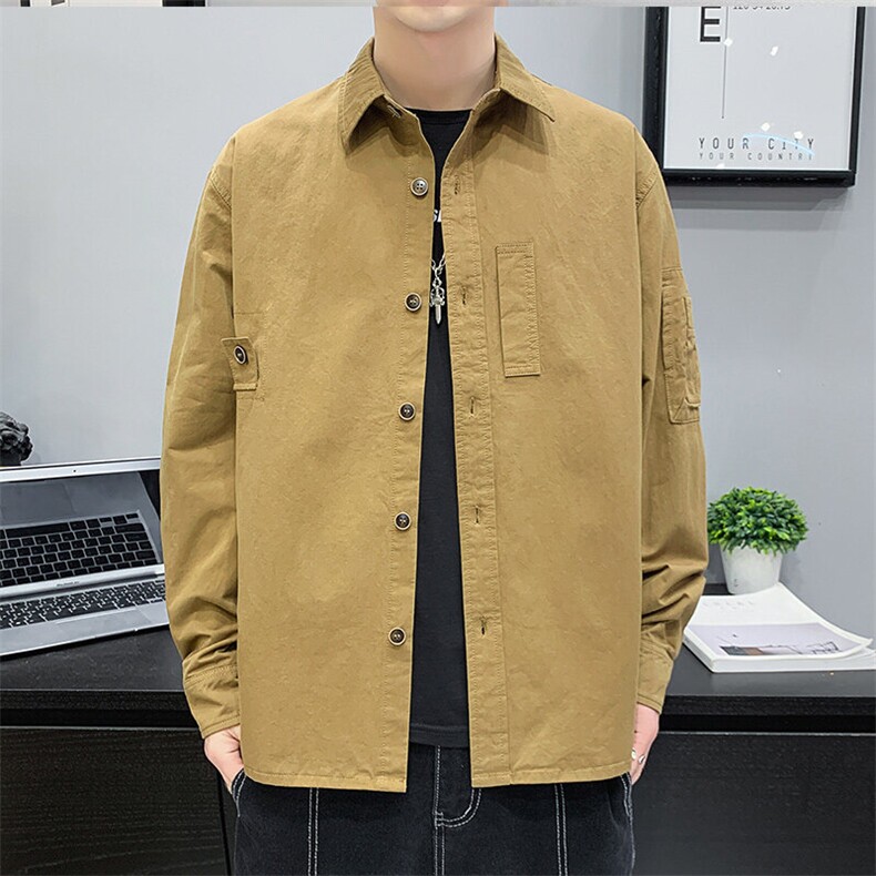 胖胖哥简约纯棉长袖衬衫男秋季休闲百搭纯色宽松大码衬衣潮流上衣图片