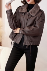 现货简约韩版加绒加厚皮衣外套女2024秋冬新款保暖夹克保暖皮上衣，女装皮衣，潮流依族