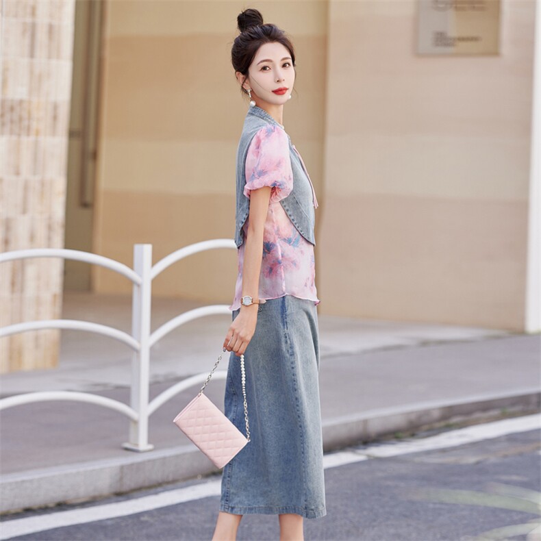 新中式国风套装裙女夏季小个子炸街减龄时尚牛仔拼接半身裙两件套,女装套装/套裙,慕依路