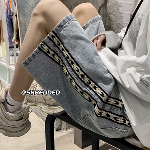 牛仔短裤夏港风新款拼接编制条纹休闲五分裤K5009 B315 P45控58图片