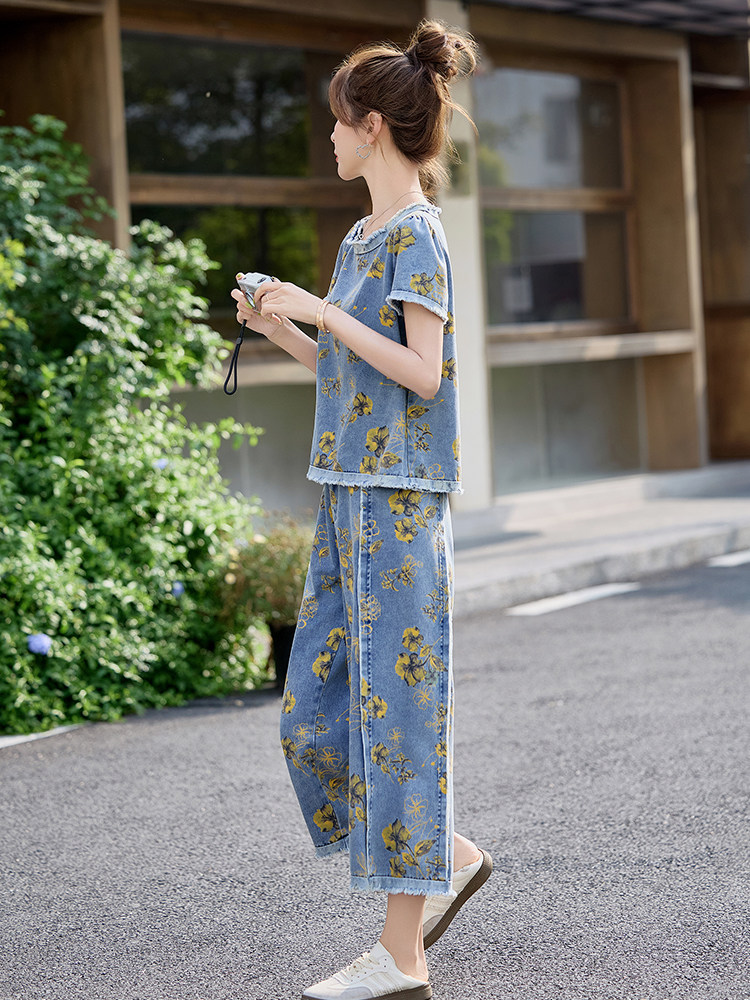 休闲时尚印花牛仔套装女2025超火夏装一整套洋气减龄九分裤两件套,女装套装/套裙,涵墨