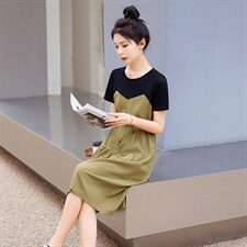 法式复古拼接假两件连衣裙女2024新款夏季宽松显瘦气质减龄吊带裙，女装连衣裙，江南富贵女