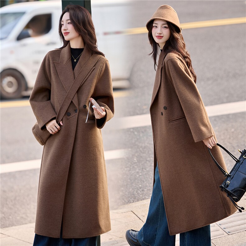 现货手工缝制冬季保暖新款时尚舒适帽子可拆卸长款双面呢大衣活帽，女装双面呢大衣，韩美纤衣