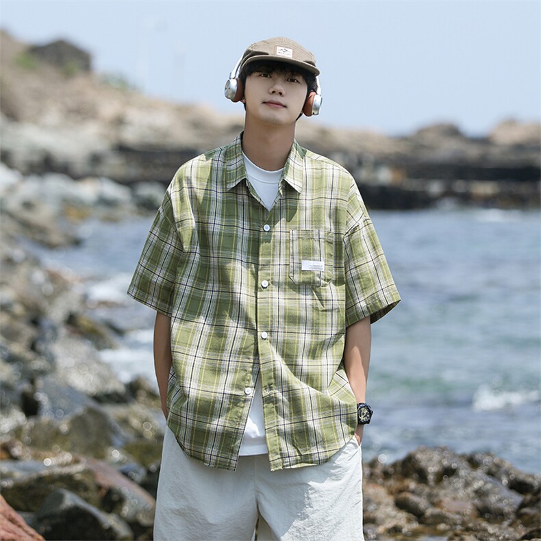 格子衬衫男士短袖韩版潮流日系痞帅2024夏季新款ins外套CY792-P33,男装衬衫,星座412-2