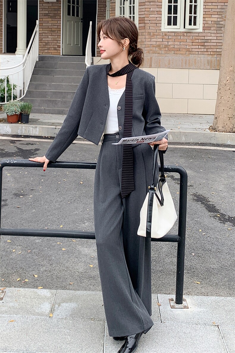 韩系高级感穿搭一整套装女2025新款春季飘带西装外套阔腿裤两件套,女装套装/套裙,辉之琳