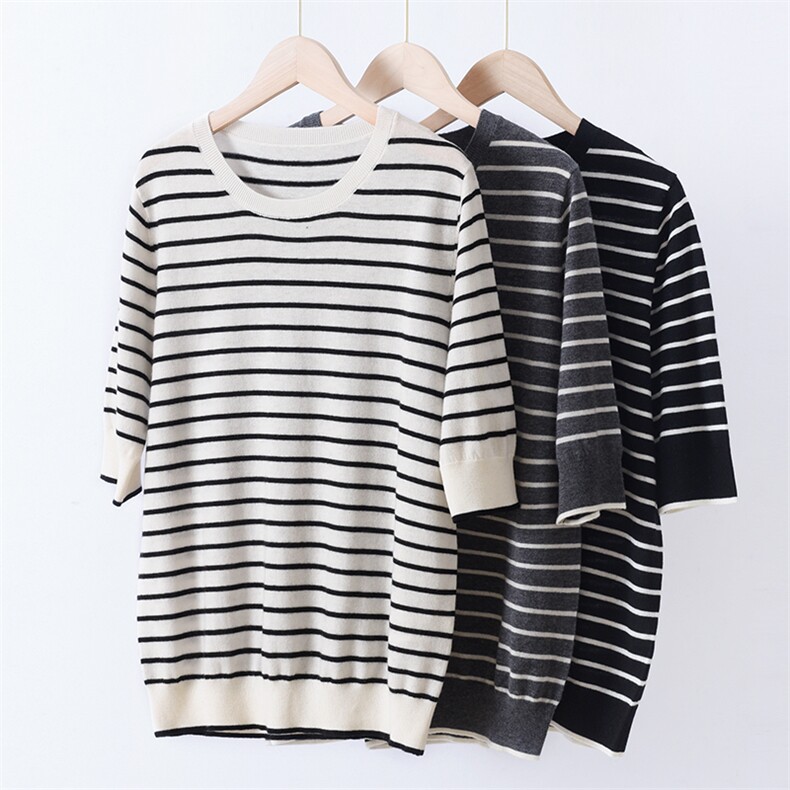 时尚潮流羊毛圆领条纹短袖，女装羊毛衫，星纬羊绒