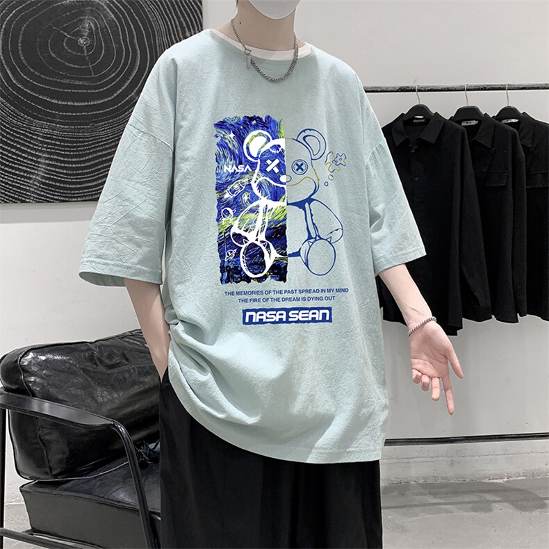 YT26290-P30亚麻短袖t恤男大码五分袖男宽松七分袖大皂风模特,男装T恤,电商A040