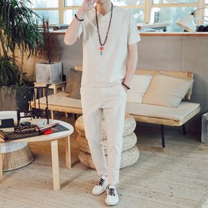 DY18*夏季爆款男士棉麻短袖T恤套装长裤两件套装男 灰蓝 *P50图片