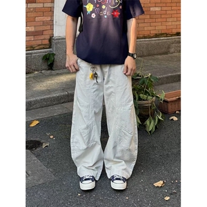 美式复古多口袋褶皱工装裤男高街cleanfit廓形裁剪直筒微喇Q99p55图片