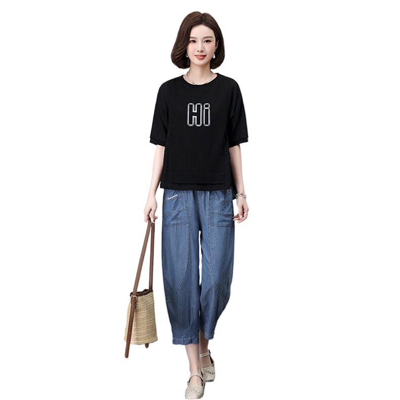 天丝牛仔套装女2025夏季新款时尚休闲宽松中年妈妈洋气减龄两件套,女装套装/套裙,叶笙衣