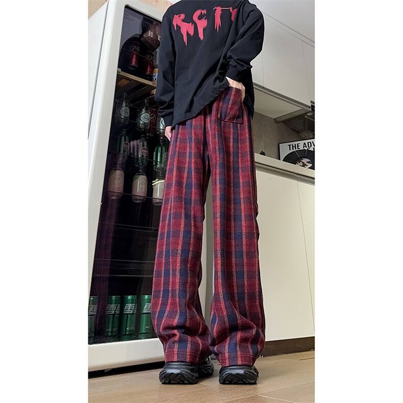 现货自家图美式红色格子毛呢宽松直筒阔腿休闲裤K661-P50控68，男装休闲裤，星座205-5