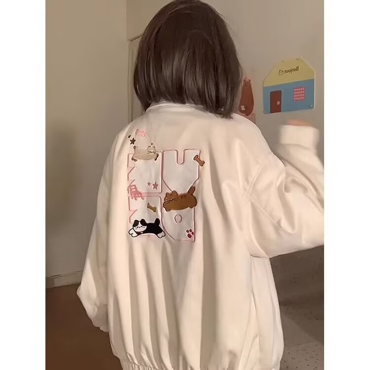 猫咪刺绣棒球服撞色上衣百搭春秋季学院风男女情侣拼接宽松潮外套,女装短外套,星座506A