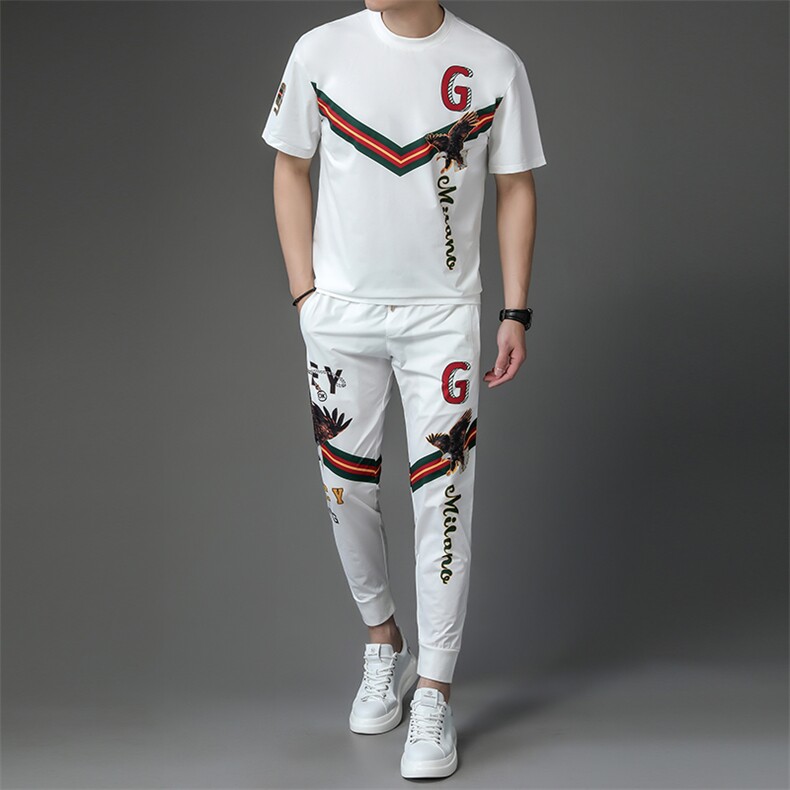 2024年夏季新款套装男短袖长裤休闲动物字母印花上衣帅气两件套男，男装休闲套装，钱塘6003A(原)4033A