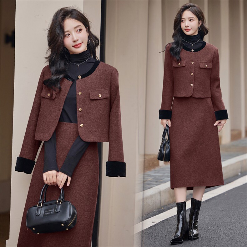 【新款现货】2024新款冬装法式时尚小香风套装长裙两件套含60毛，女装套装/套裙，兰菲阁