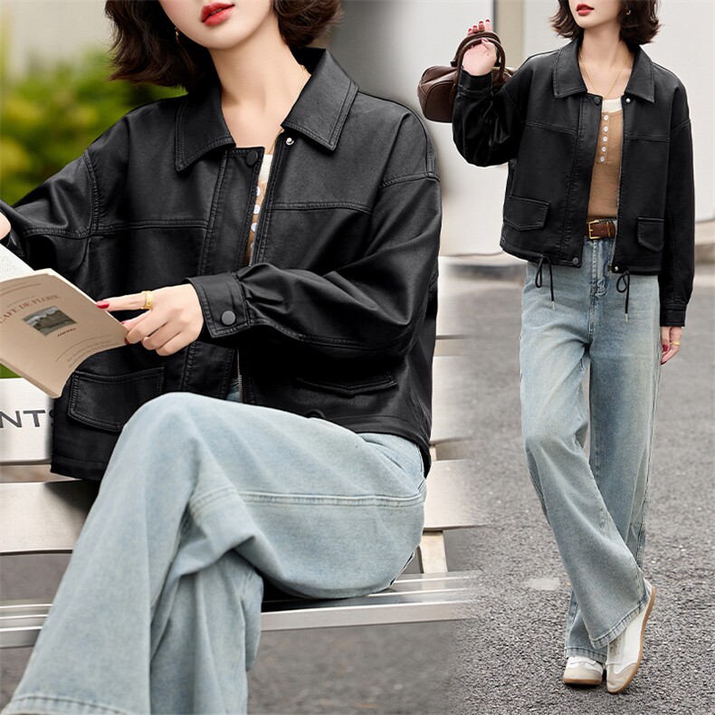 2025春季新款韩版休闲翻领短款皮衣抽绳外套女宽松百搭夹克上衣潮,女装皮衣,美拉德工厂直营店
