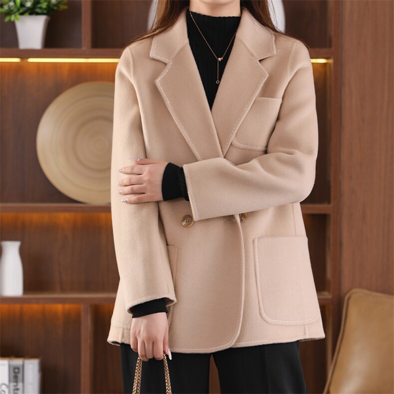 短款红色西装毛呢小外套百搭气质纯色双面羊毛呢大衣女，女装双面呢大衣，佳恩服饰