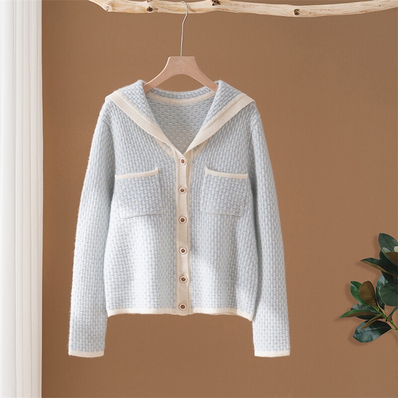 2025年秋季新款白女士拼色系扣袖口带兜长袖羊绒开衫，女装羊绒衫，澳冬特羊绒