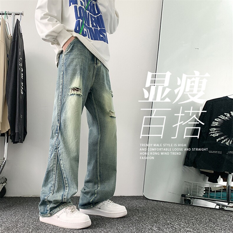 美式高街破洞微喇牛仔裤港风水洗牛仔裤喇叭裤XZ302B-1-K632P55图片