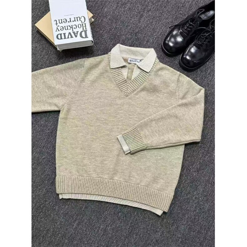 假两件v领毛衣男款冬季翻领老钱风针织衫上衣慵懒风外套MY5012，男装针织衫/毛衣，星座1116A（原606A-3）