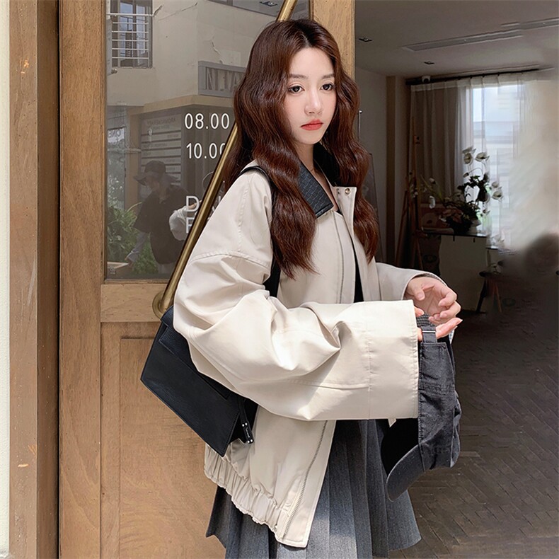 高级小众巴恩风拼皮杏色工装外套女春秋2025年超火好看短夹克上衣,女装短外套,2C085