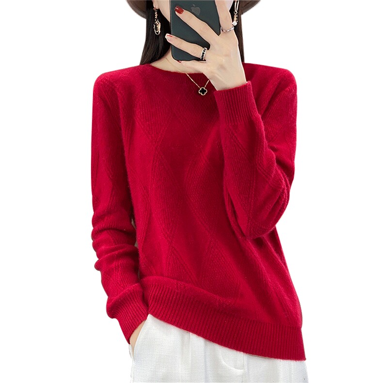 一线成衣秋冬100%纯羊毛衫女圆领镂空钩花长袖毛衣宽松羊绒打底衫,女装羊毛衫,朝辰羊绒