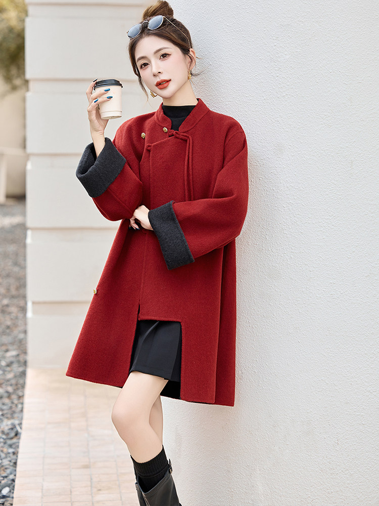 现货新中式双面羊毛大衣女中长款2025年新款盘扣斗篷羊毛呢子外套,女装双面呢大衣,仟媚宠