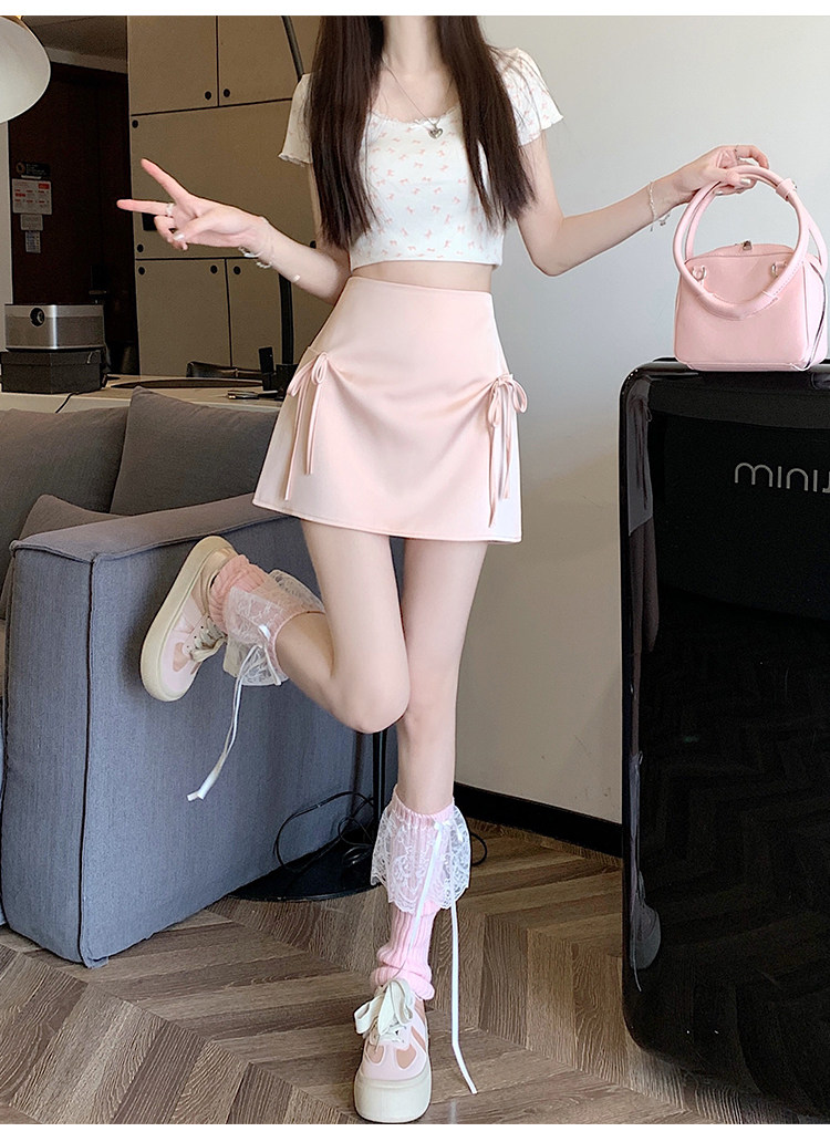 感蝴蝶结绑带黑色半身裙女夏季防走光高腰A字裙粉色包臀短裙,女装半身裙,梦白服饰厂