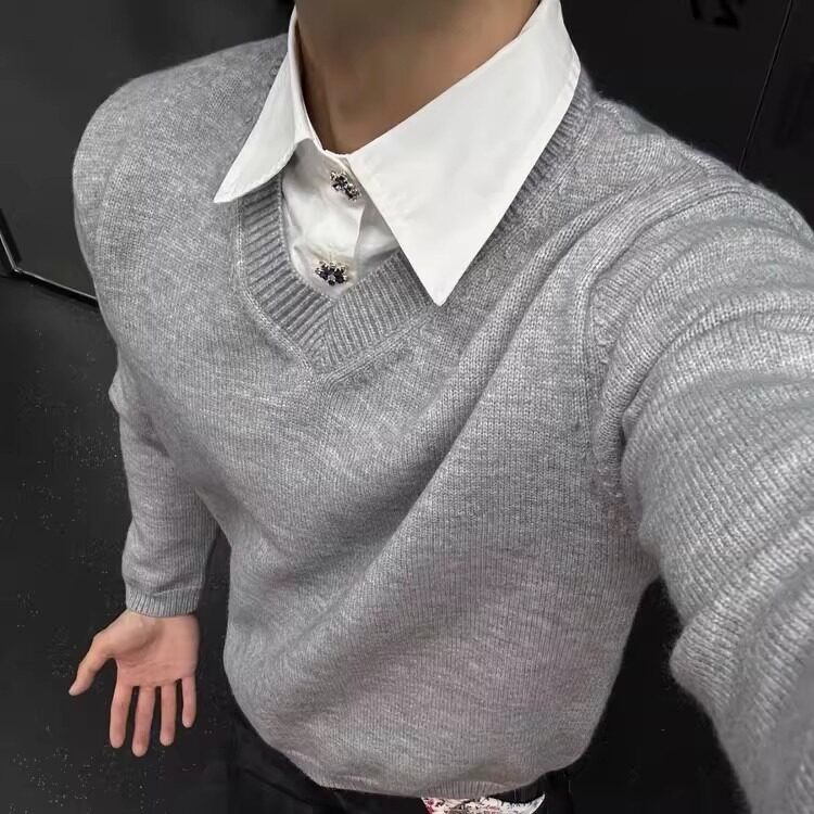 V领假两件polo氛围感高级老钱针织毛衣男女宽松衬衫领上衣,男装针织衫/毛衣,星座410-6（原星座1304-1）