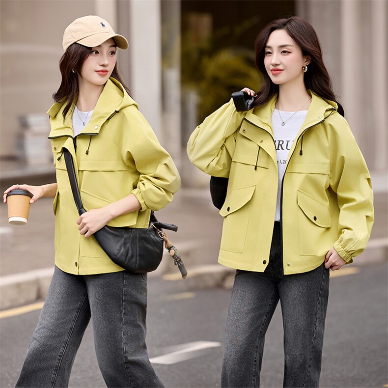 黄连帽短外套女2025秋季新款大口袋宽松显瘦休闲短款夹克外套，女装短外套，诺蝶