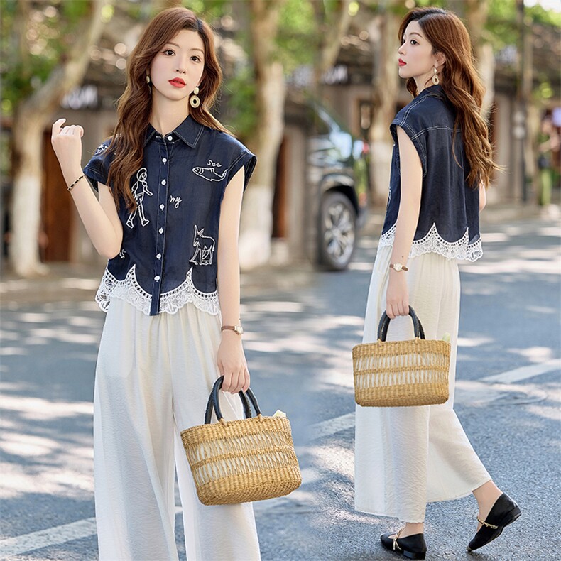 时尚休闲气质套装女2025夏新款撞色刺绣无袖翻领衬衫阔腿裤两件套，女装套装/套裙，木橙西子