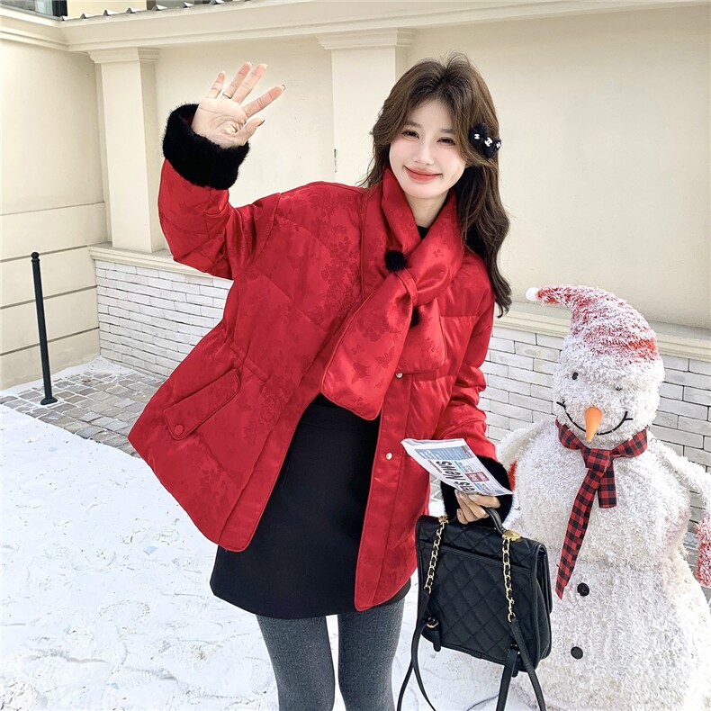新中式红色羽绒服女2025冬季新款短款圆领围脖收腰外套时尚保暖,女装羽绒服,2C159