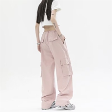 夏季hiphop休闲工装裤女抽绳港风设计感直筒粉色阔腿裤TK274-P45，男装休闲裤，星座1008