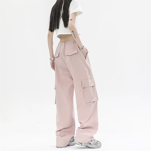 夏季hiphop休闲工装裤女抽绳港风设计感直筒粉色阔腿裤TK274-P45图片