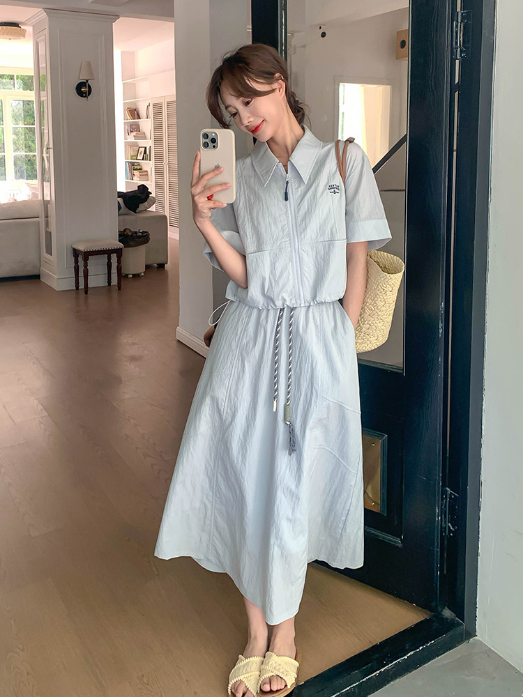 韩系新款时尚洋气减龄裙女翻领短袖休闲拉链外套半身裙，女装运动套装，浙宝285（原212）