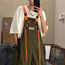 临典高级感军绿色工装背带裤男ins潮高街情侣连体束脚裤K849P48图片
