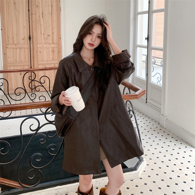 美拉德复古韩系宽松pu皮衣夹克女秋季2025新款小个子减龄美式外套,女装短外套,2C112