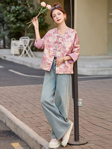 新中式印花盘扣短外套女2025春季新款撞色拼接袖气质超火唐装上衣图片