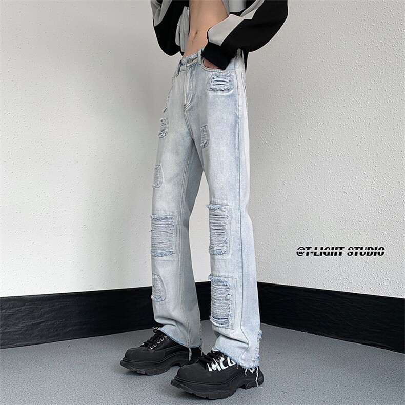 B221美式ins高街暗黑小众修身微喇破洞牛仔裤LK23055-P65控88,男装牛仔裤,电商B221