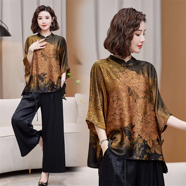 2024年新款桑蚕丝女装料重缎香云纱时尚洋气优雅新中式贵妇上衣，女装衬衫，缘衣格