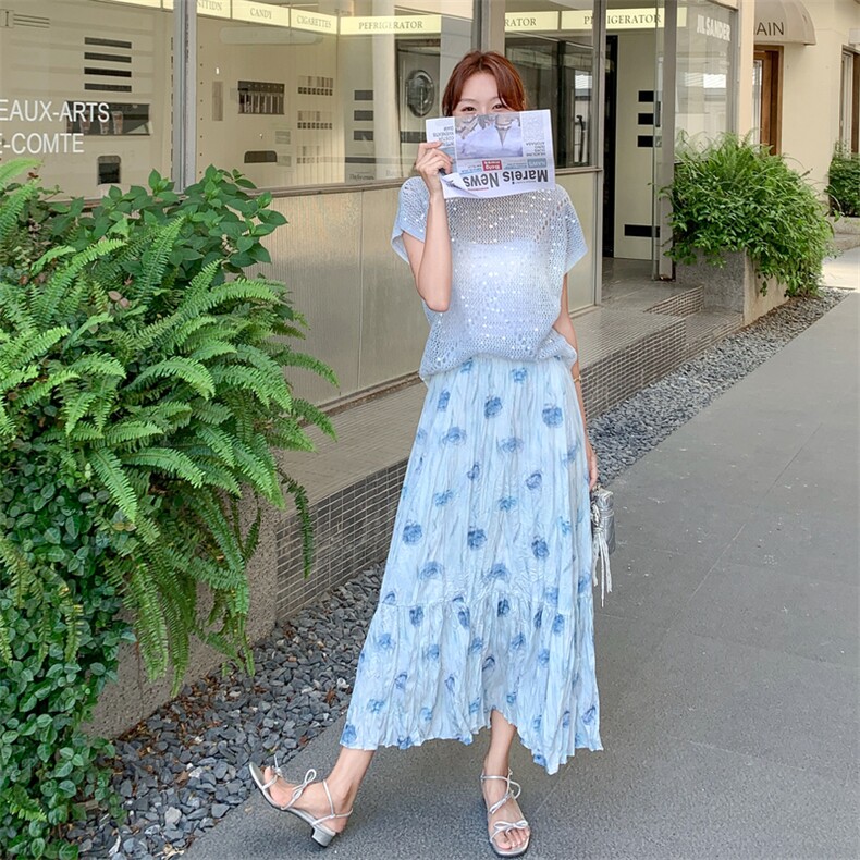 韩系小清新气质温柔风亮片镂空衫收腰碎花半身裙,女装套装/套裙,2C159