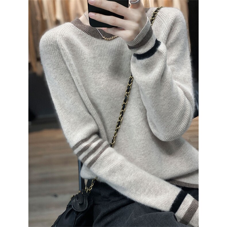秋冬季羊毛休闲时尚百搭元宝圆领撞色羊毛衫,女装羊毛衫,越洋羊