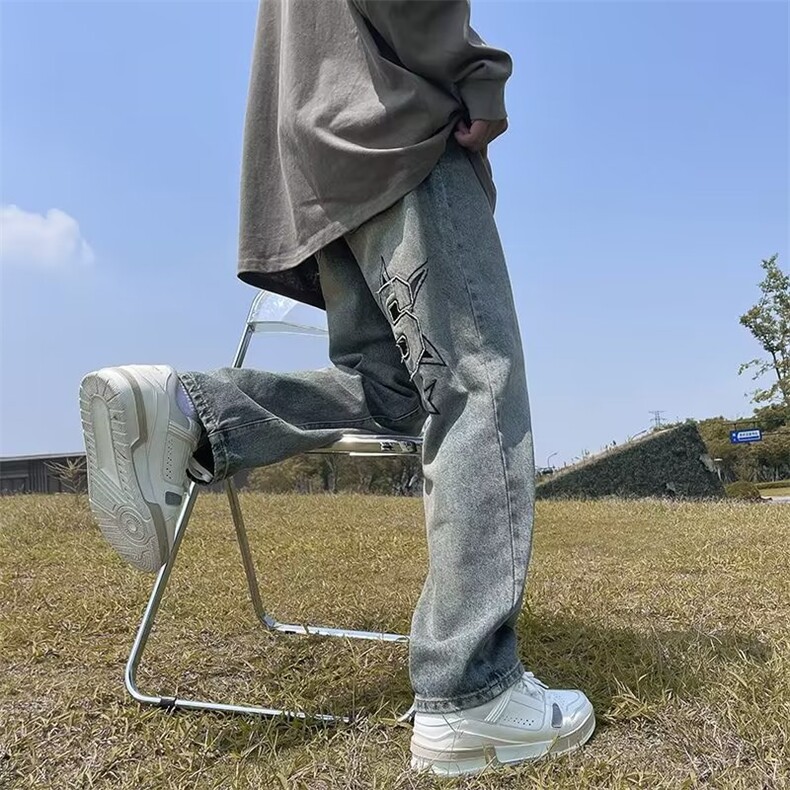 美式高街复古牛仔裤水洗做旧宽松刺绣直筒长裤N5009P43,男装牛仔裤,星座1116-2