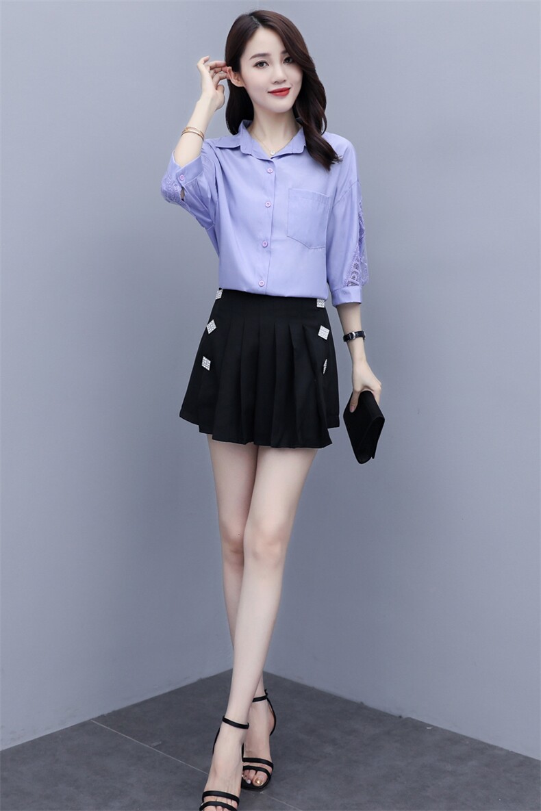 2021夏款新款蕾丝拼接宽松百搭衬衫+裙裤套装,女装套装/套裙,瑶迪依秀