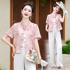 现货新中式盘扣刺绣防晒衣女夏2025新款气质立领唐装短袖薄款上衣，女装防晒衣，美静678