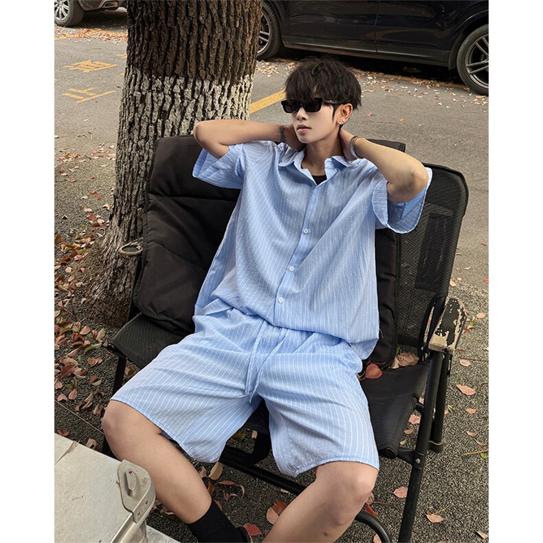 时尚套装男慵懒风条纹蓝色短裤长袖衬衫套装潮流时尚套装 特P55图片